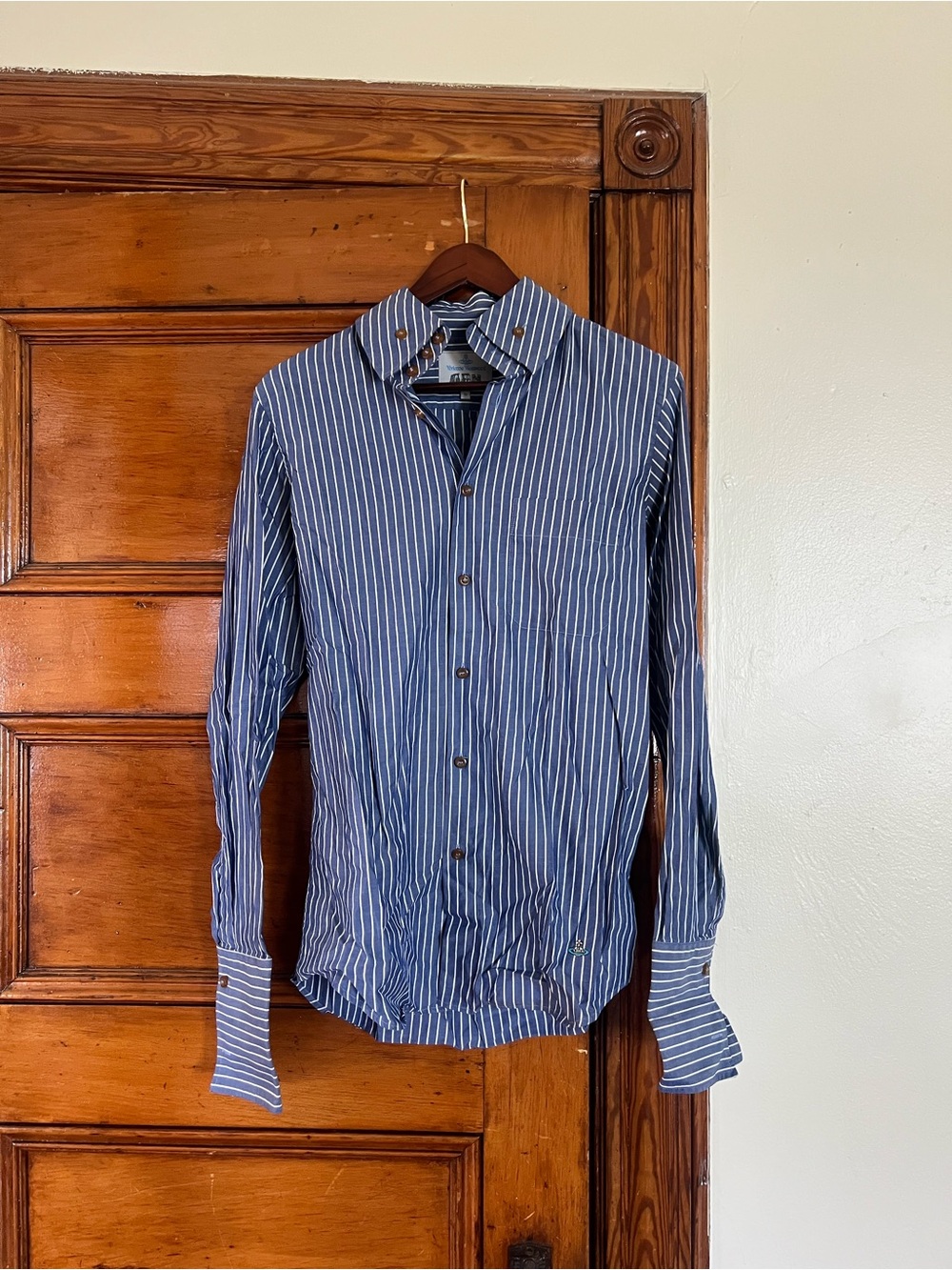 Vivienne Westwood Men's Navy and White Vertical Stripe Button-Down Shirt